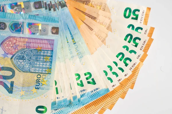 Euro money pile spread on white background — Stock Photo, Image