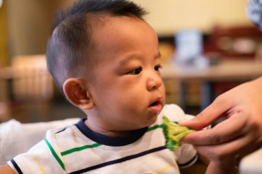 Asyalı çocuk restoranda sebze yemekten hoşlanır.