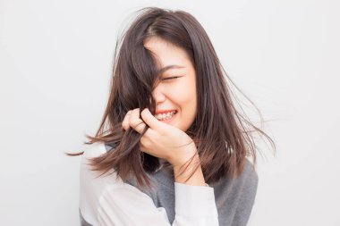 Beautiful short hair smiling asian women on white background