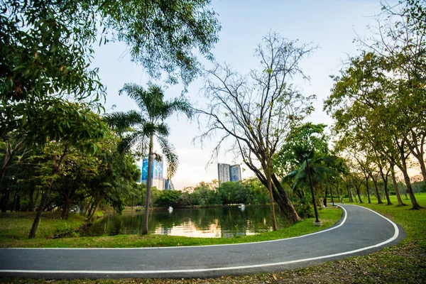 Città verde pubblico parco tramonto colorato cielo blu — Foto Stock