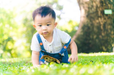 Şehir parkında yeşil çimlerde sürünen komik çocuk.