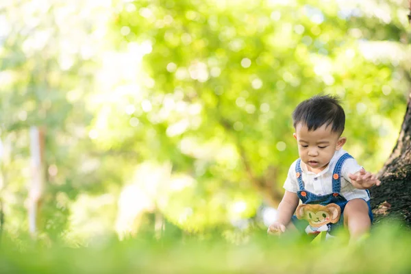 Niño niño disfrutando con la naturaleza hierba verde bajo el árbol — Foto de Stock