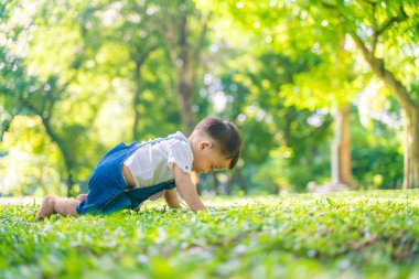 Şehir parkında yeşil çimlerde sürünen komik çocuk.