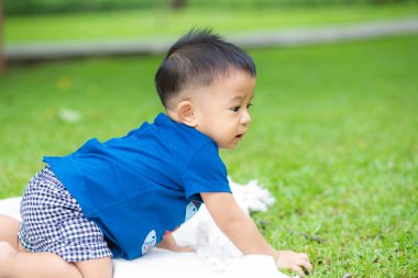 Bebek çocuk piknik paspasında yeşil çimlerde sürünüyor