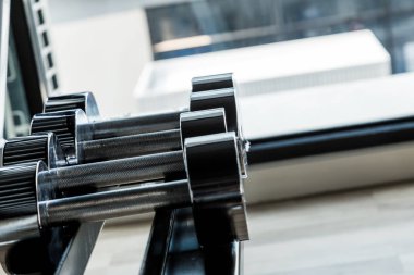 Fitness salonunda rafta demir dumbbell