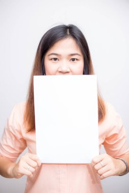 Business women holding blank white paper for put message
