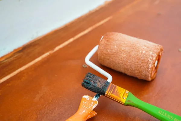 Stair painting DIY with rolling and brush — Stock Photo, Image