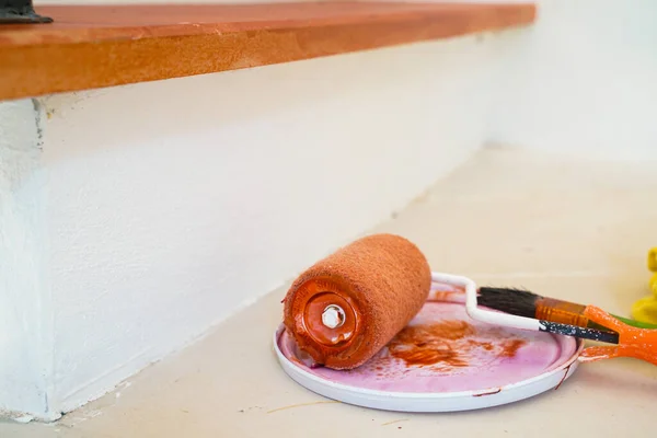 Stair painting DIY with rolling and brush — Stock Photo, Image