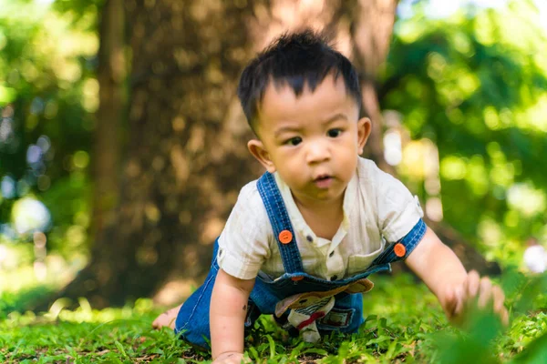 Adorable bebé de 10 meses arrastrándose sobre hierba verde en el parque de la ciudad — Foto de Stock