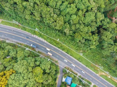 Tropikal orman ve arabayla dağdaki hava manzaralı viraj yolu 