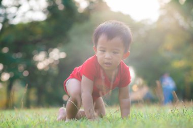 Yeşil çayırlarda sürünen komik Asyalı çocuk. Gün batımı bebek egzersizi.