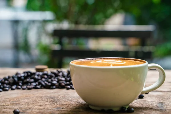 Latte Art Coffee Coffee Bean Wood Table Copy Space Put — Stok Foto