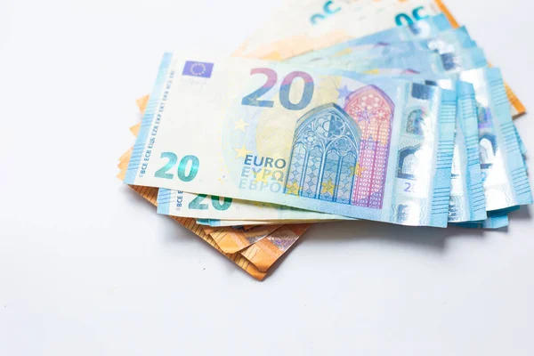 Euro zone money note spread on white background bundle of EU money