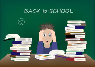 Yorgun çocuk okula geri, yatay vektör çizim masasında