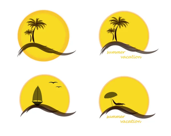 Logotipo Cuatro Verano Con Sol Palmeras Océano Mar Velero Playa — Vector de stock