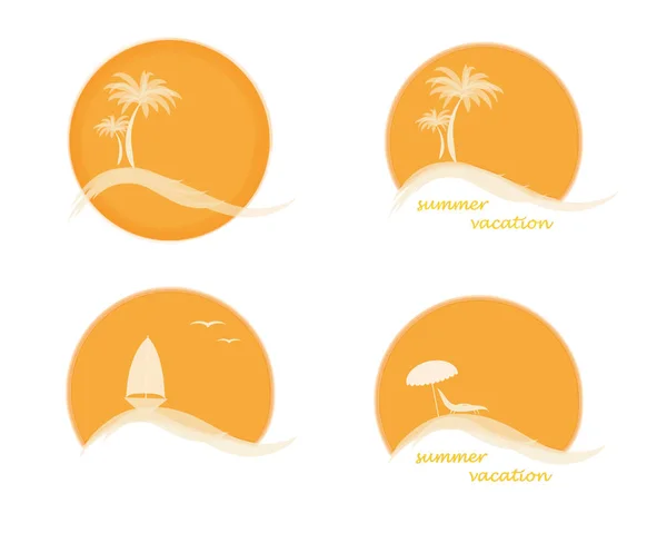 Logotipo Cuatro Verano Con Sol Palmeras Océano Mar Velero Playa — Vector de stock