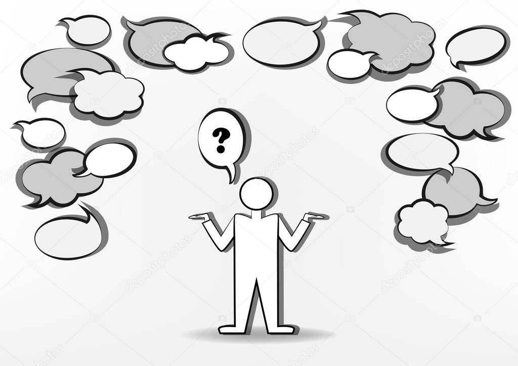man who ask and many blank speech bubbles, black and white, horizontal vector illustration, outline design