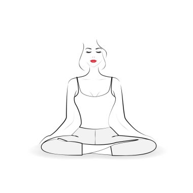 Genç güzel kadın pratik yoga lotus poz, anahat stili, kare vektör çizim