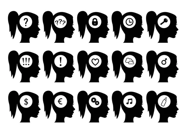 Black Young Woman Head Silhouettes Icons Different Thoughts Isolated White — Stock Vector