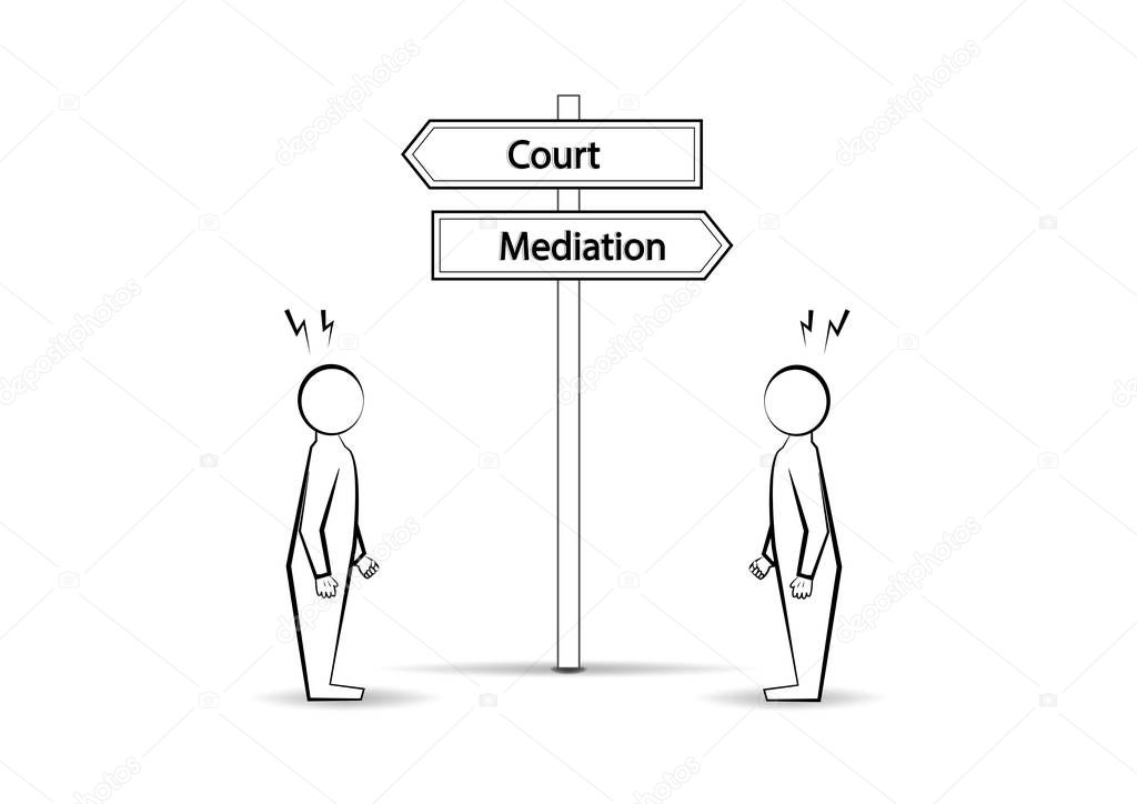 Two angree men and  waymark court mediation isolated on white background, horizontal vector illustration