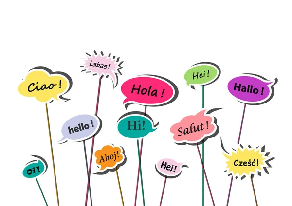 Багатобарвної Слова Бульбашки Вітання Різними Європейськими Мовами Ізольовані Білому Тлі — стоковий вектор