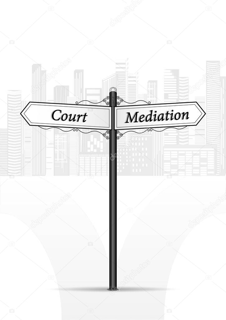 court mediation waymark on white cityscape background vertical vector illustration