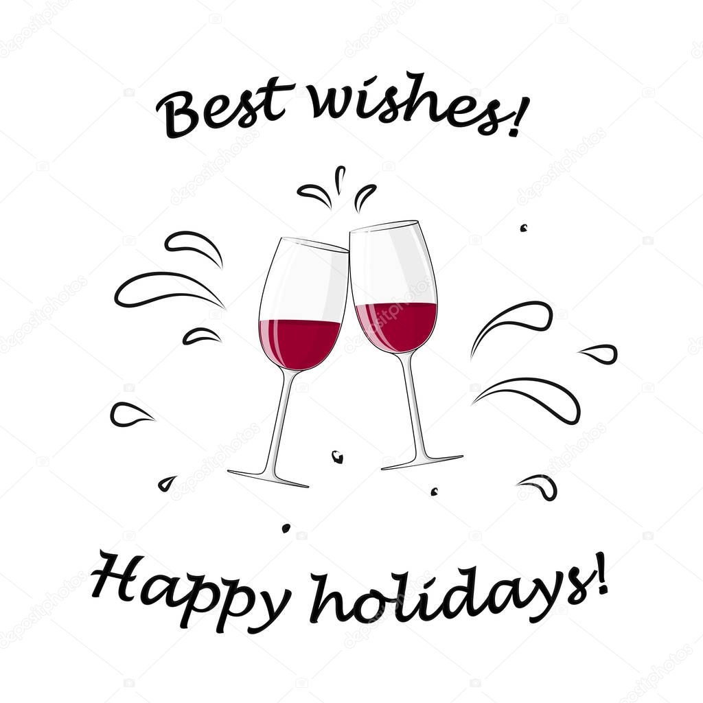 Two glasses with red wine cheers and best wishes text isolated on the white background square vector illustration