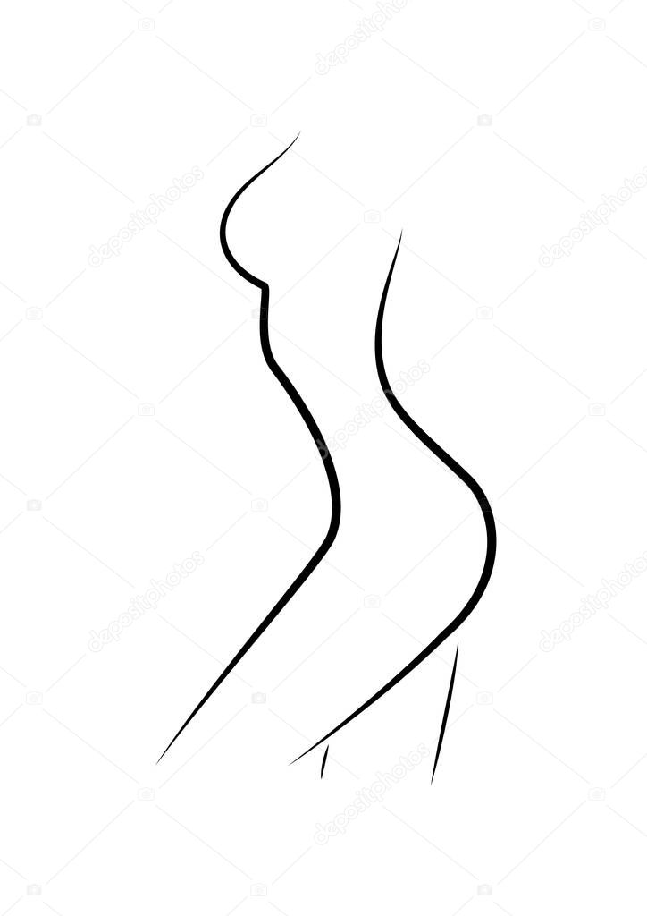 Beautiful woman figure side view, outline style, isolated on the white background, vertical vector illustration