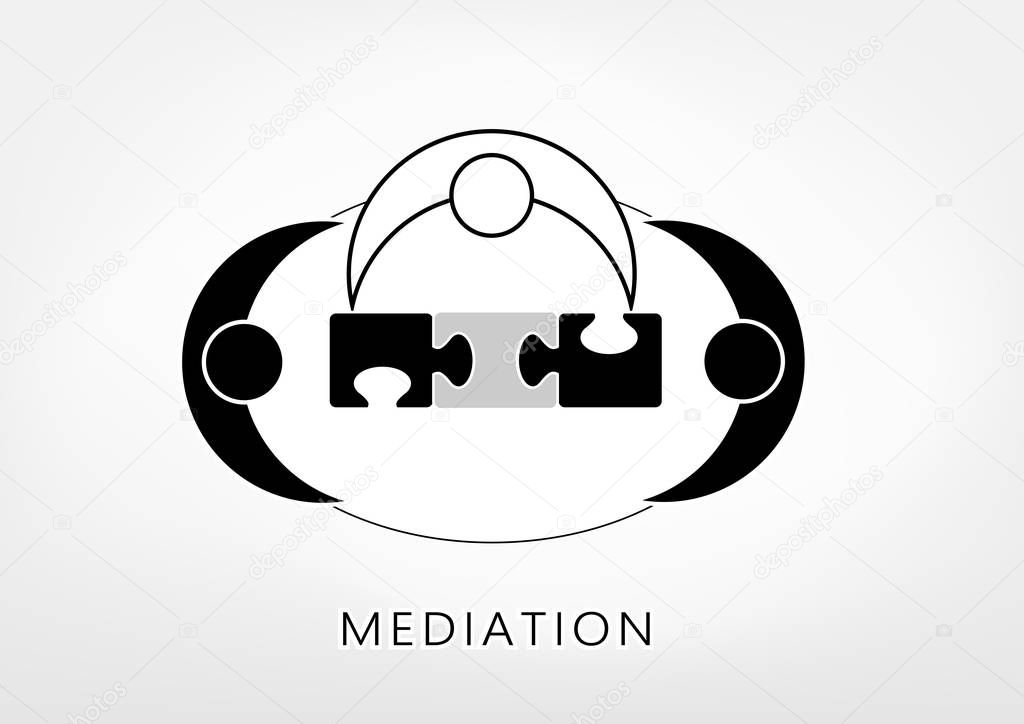 Mediator and two persons add up puzzle pieces on the light grey background, top view, vector illustration, horizontal