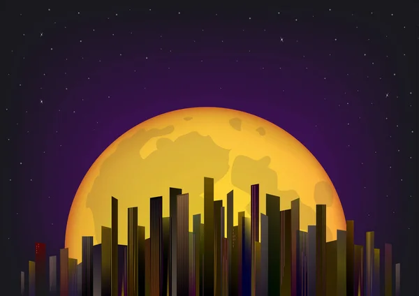 Rascacielos Fondo Luna Llena Cielo Nocturno Ilustración Vectorial Horizontal — Archivo Imágenes Vectoriales