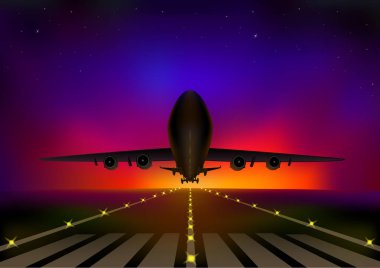 yıldızlı gece gökyüzü, yatay vektör çizim arka planı uçan uçak