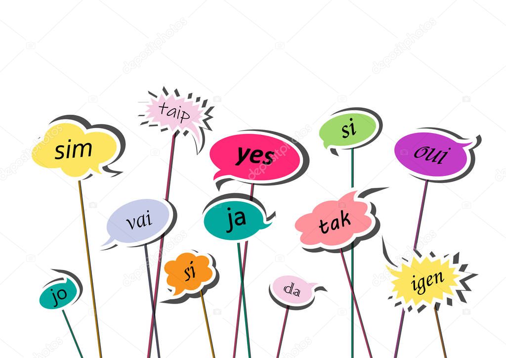multicolor speech bubbles with yes word in different languages of Europe,  isolated on the white background, horizontal vector illustration