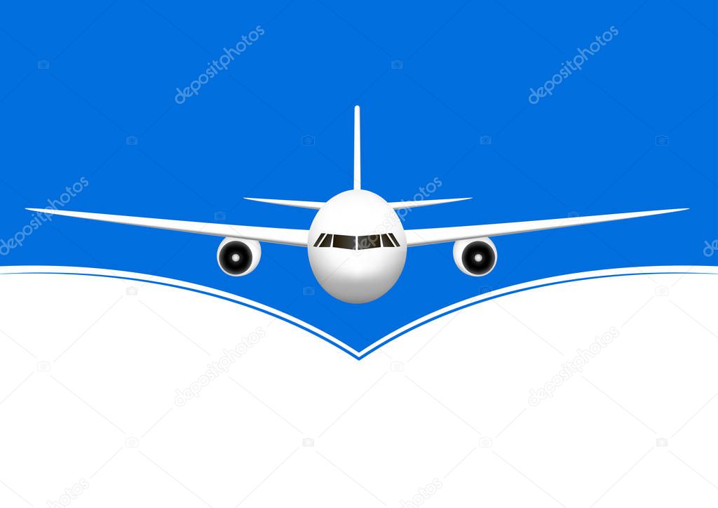 white airplane flying against the blue and white background, horizontal vector illustration