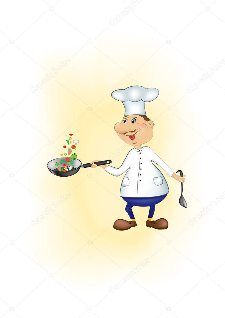 cartoon chef throws up sliced pieces of vegetables in a pan on a yellow background/348 cartoon chef throws up sliced pieces of vegetables in a pan on a yellow background
