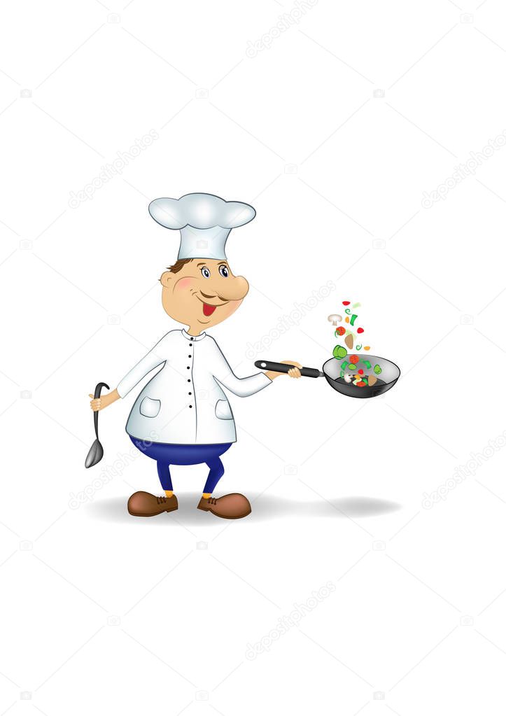 cartoon chef throws up sliced pieces of vegetables in a pan isolated on a white background vertical vector illustration