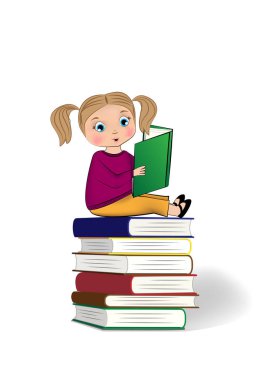 küçük kız kitap yığını üstünde oturan ve beyaz arka planda izole okuma, dikey vektör illüstrasyon
