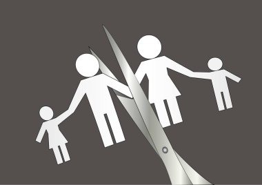 boşanma, makas kesilmiş kağıt silueti aile, yatay vektör illüstrasyon