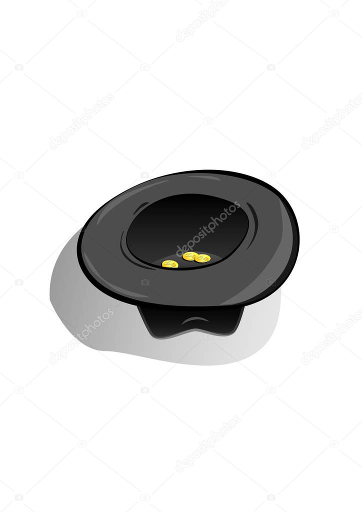 black hat with some coins into it, isolated on a white background vertical vector illustration