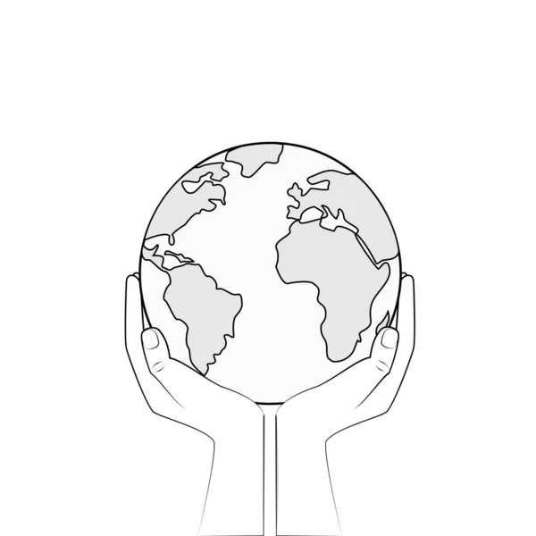 白い背景に隔離された人間の手の中のBw地球 輪郭スタイルの正方形のベクトル図 — ストックベクタ
