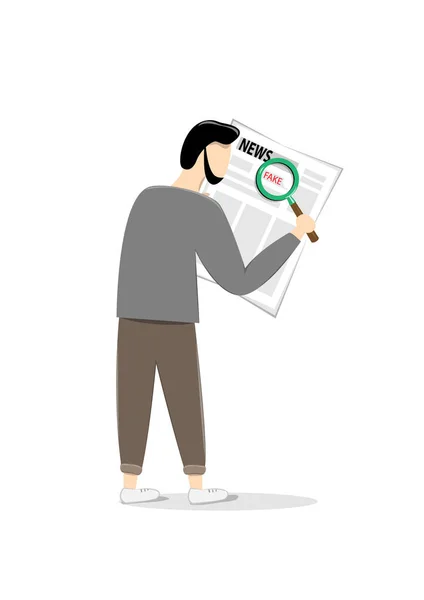 Bir adam, elinde büyüteçle gazetede sahte haberler arıyor. Beyaz arka planda dikey bir illüstrasyonla izole edilmiş.