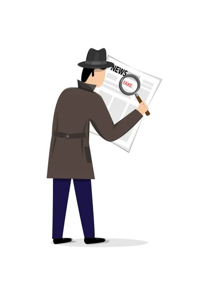 Man Coat Hat Looking Fake News Newspaper Magnifier Isolated White — Stock Vector