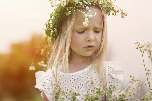 Chica en un paseo en un brillante día de verano. Retrato de una niña pequeña con una corona de manzanillas en la cabeza —  Fotos de Stock