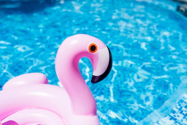 Flamingo rosa inflável na piscina. Hora de verão na piscina com brinquedos de plástico. Relaxamento, férias, férias e diversão conceito — Fotografia de Stock