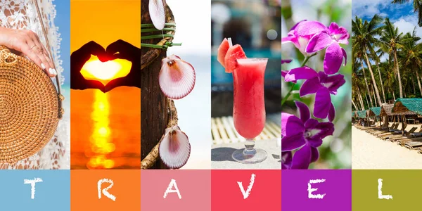 Collage beach summer in abstract style. Mockup, space for text. Beautiful beach. Tropical vacation background, nature and travel locations — Stock Photo, Image