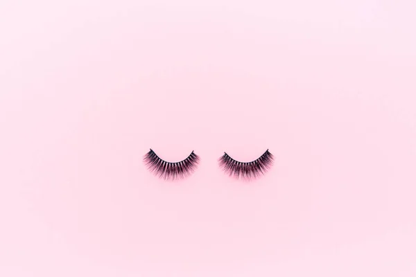 False eyelashes lying on pink background. Beauty and makeup concept. Flatlay, mockup, overhead, top view copy space