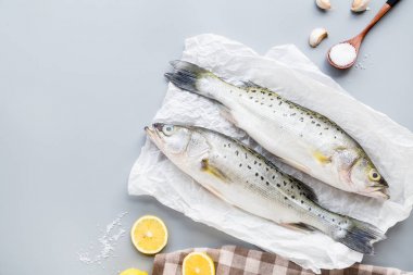 Baharat, limon, gri arka planda tuz ile taze çiğ balık. Balık yaratıcı düzeni, kopya alanı ile üst görünüm, düz yatıyordu, mockup, tepegöz. Sağlıklı gıda konsepti