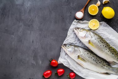 Baharatlar, limon, koyu taş arka planda tuz ile taze çiğ balık. Balık yaratıcı düzeni, kopya alanı ile üst görünüm, düz yatıyordu, mockup, tepegöz. Sağlıklı gıda konsepti