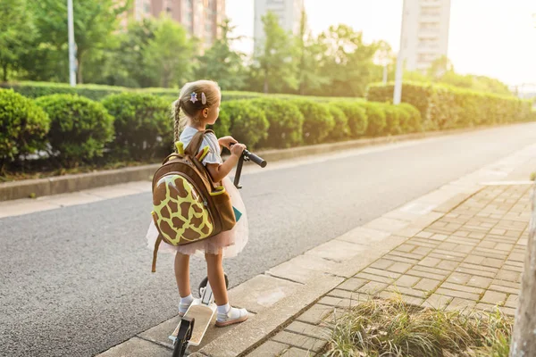 Niña alumna desde atrás caminando de regreso a casa después de aprender la escuela de estudio sola con el concepto de educación escolar, preescolar y de jardín de infantes. Primer día de otoño — Foto de Stock