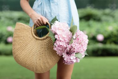 Güzel genç kadın tutan eller hasır çanta ile Lila hidangea çiçekler açık