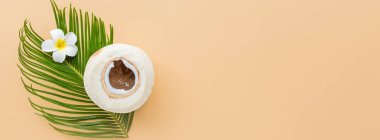 Palmiye yaprağı, tesisat çiçeği ve turuncu arka planda hindistan cevizi, üst manzara. Model, genel giderler. Fotokopi alanı olan düz resim. Yaz ve tropik konsept